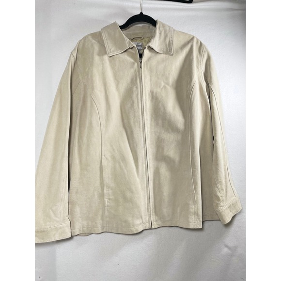 Chicos Size 3 - XL Beige Leather Jacket Collared Full Zip Pocket Front Women - Picture 1 of 14